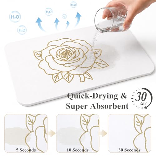 Stone Dish Drying Mat for Kitchen Counter, Glittery Resin Rose Pattern Quick Drying Mat, Water Absorbing Diatomaceous Pad for Plate Bottle Utensil Rack,Space Saving (Gold & White, 16"×12")