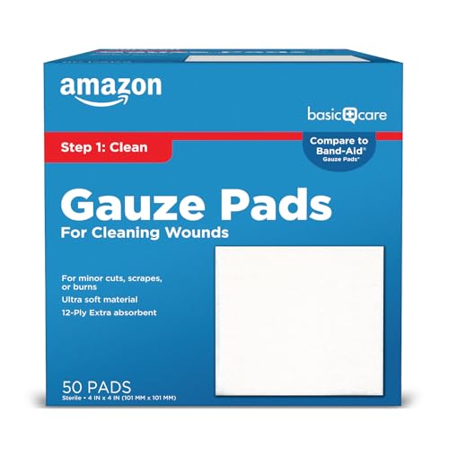 Amazon Basic Care Gauze Pads, 4x4" Sterile Medical Wound Dressing Sponges, 12-Ply, Extra Absorbent, for Cleaning, Covering & Cushioning Cuts & Minor Injuries, 50 Count, 1-Pack (Previously All Health) - size: 4x4 Inch (Pack of 1)