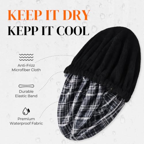 Shower Cap for Men Black Bath Cap, Reversible Terry Lined Large Waterproof Adjustable Shower Caps Elastic Band Stretch Hem Hair Hat for braids - color: Shadow Plaid