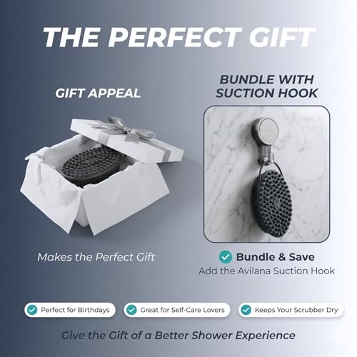 Avilana Silicone Body Scrubber for Shower – SGS Certified Food Grade Dual Sided Bath Brush, Gentle Exfoliating Silicone Loofah Alternative, Sensitive Skin Body Brush (Dark Gray-Silver, Long Handle) - color: Dark Gray-silver, size: 19 inches
