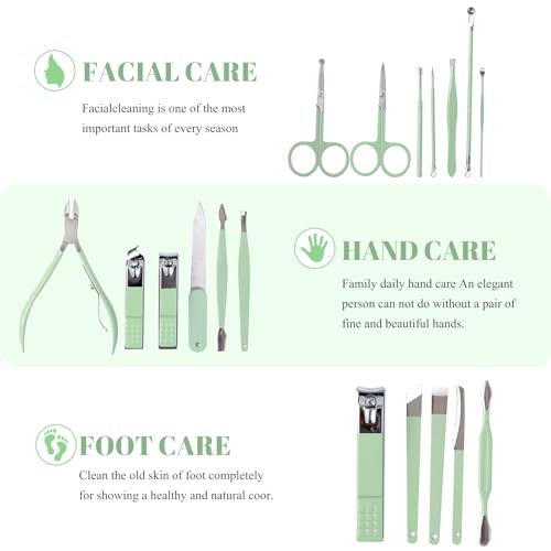 Manicure Set Pedicure Kit Nail Clippers Set Fingernail Clipper Set Ingrown Toenail Nail Kit Scissor Nail Trimmer Kit 18 Pieces Women and Men’s Care Grooming Tools with Fine Case (Tea Green_18 Pieces) - color: Tea Green_18 Pieces