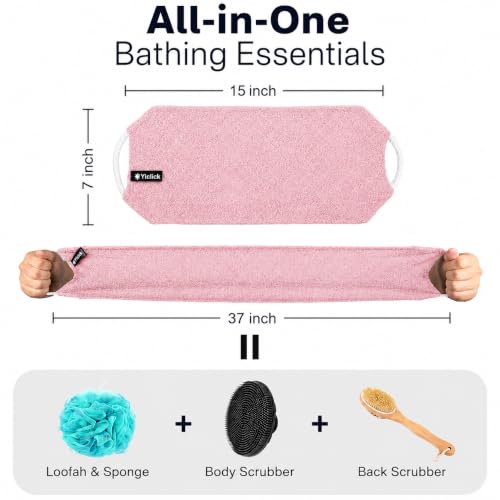 Yiclick Exfoliating Washcloth Towel with Handle, Back Scrubber for Shower, Exfoliating Body Scrubber Exfoliator, Japanese Wash Cloth for Body Scrub, Bath Sponge Loofah Luffa Washer Exfoliator - color: Blush