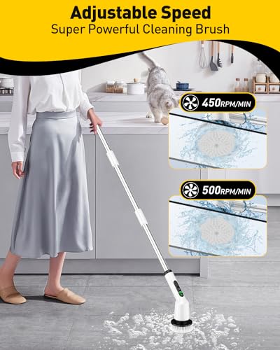 Shower Scrubber with Long Handle, Shower Cleaner Brush with 8 Floor Machine Pads, Cordless Electric Spin Scrubber for Cleaning with 2 Speed, Cleaning Supplies for Bathroom Bathtub Kitchen Floor Tile - color: White, size: 8 Brush Heads