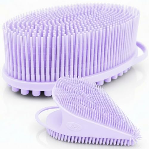 Avilana Premium Body Scrubber and Face Brush Set - Trusted Since 2017 - SGS Certified Silicone 2-in-1 Shower Kit, Dual Sided Gentle Exfoliating Loofah Alternative Sensitive Skin Women Men Gift - color: Lavender, size: Body & Face