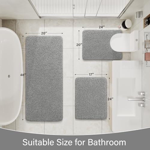 LOCHAS Bathroom Rugs Sets 3 Piece, Microfiber Long Bath Rug Set Non Slip Washable, Shaggy Toilet Rug Set Absorbent, Soft Cozy Bath Mat Set Quick Dry, Grey - color: Grey, size: 48" x 20" + 24" x 17" + U Shape 24" x 20"