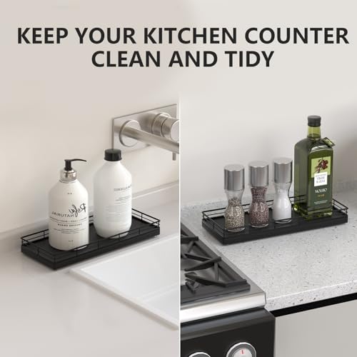 Bathroom Tray for Counter Top Organizer, Oak Wood Vanity Tray | Metal Frame for Dresser, Kitchen & Nightstand, Black Decorative Storage - color: Black, size: 11" x 4.5" x 1.5"