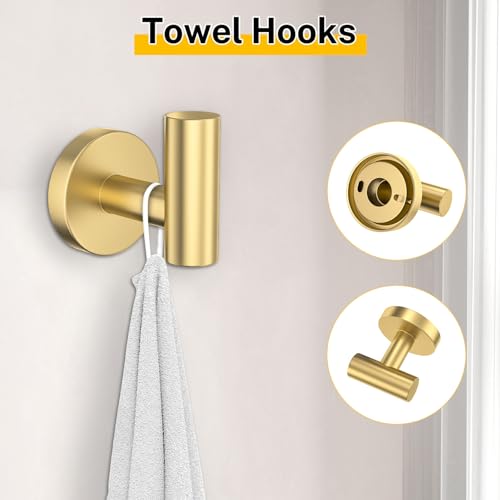 Brushed Gold Bathroom Hardware Set 5 Pieces Towel Bar Set Round Towel Holder Set for Bathroom,Upgraded Toilet Paper Holder with Shelf,Stainless Steel Wall Mounted 23.6 Inch - color: Gold