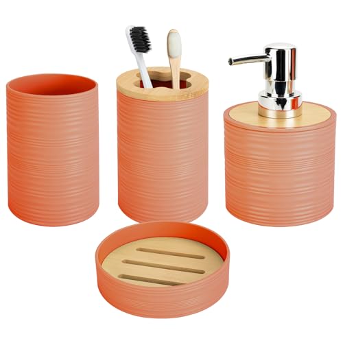 4 PCS Orange Bathroom Accessories Set, Includes a Soap Dispenser, Toothbrush Holder, Soap Dish and Mouthwash Cup, Plastics & Bamboo Bathroom Set, Bohemian Style Bathroom Sink Set - color: Orange, size: 4 PCS