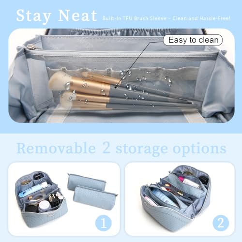 BOYATU Travel Makeup Bag Cosmetic Bags for Women: Large Capacity 3 Pcs Set Make up Bag with Compartments - Waterproof Vegan Leather Toiletry Organizer Bags with Handle (L04 Light Blue) - color: L04 Light Blue