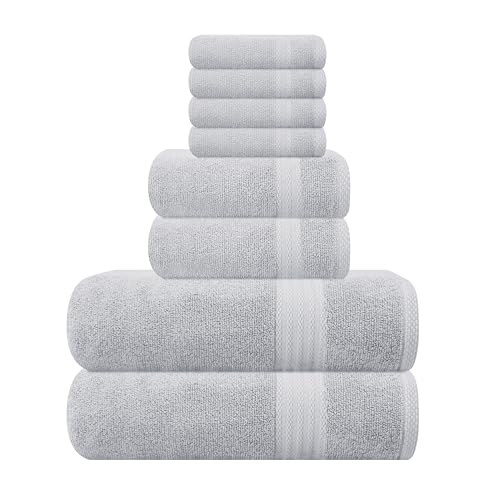 GLAMBURG Ultra Soft 8 Piece Towel Set - 100% Pure Ring Spun Cotton, Contains 2 Oversized Bath Towels 27x54, 2 Hand Towels 16x28, 4 Wash Cloths 13x13 - Ideal for Everyday use, Hotel & Spa - Light Grey - color: Light Grey, size: 8 Piece Towel Set