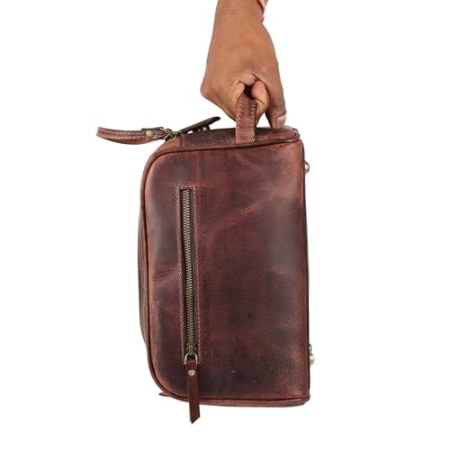 KomalC Travel Toiletry Bag – Premium Leather Dopp Kit for Men & Women with Water-Resistant Lining & Spacious Zippered Organizer - style: 1 Zip Classic Dark Brown