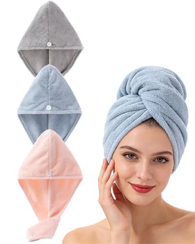 Lumimi Hair Towel Wrap 3 Pack for Women - Microfiber Fast Dry Turban with Button, Lightweight Absorbent Hair Cap for Straight/Curly/Long Hair, 25cm x 65cm Travel Towel (Blue+Pink+Light Grey) - color: Blue+pink+light Grey