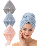 Lumimi Hair Towel Wrap 3 Pack for Women - Microfiber Fast Dry Turban with Button, Lightweight Absorbent Hair Cap for Straight/Curly/Long Hair, 25cm x 65cm Travel Towel (Blue+Pink+Light Grey) - color: Blue+pink+light Grey