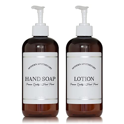 Amber Refillable Hand Soap and Lotion Dispenser Set for Bathroom Sink - PET Plastic Pump Bottles with Labels for Soap and Lotion - Waterproof Labels - 16 oz, 2 Pack (White Plastic) - color: White Pumps