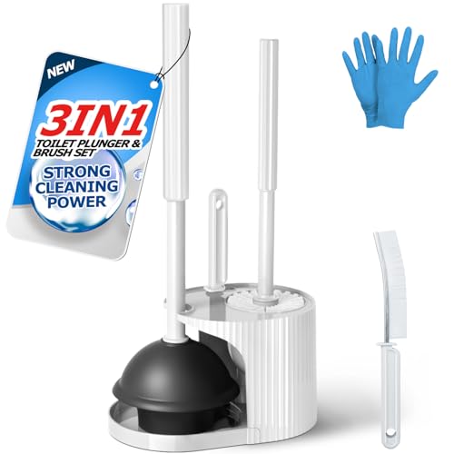 FORASTO 3 in 1 Toilet Brush and Plunger Set with Holder for Bathroom White | compact set, 3 in 1 deep cleaning, home toilet bowl crevice, brush plunger combo,Crevice Cleaning Brush - color: White, size: 1PACK