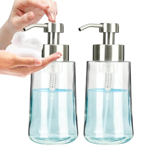 Foaming Hand Soap Dispenser Set, 16 oz Large Glass Soap Dispenser, Foam Dispenser with Stainless Steel Pump & Waterproof Labels, Refillable Soap Bottles for Bathroom Countertop, 2 in 1 - color: Brushed Nickel Foaming