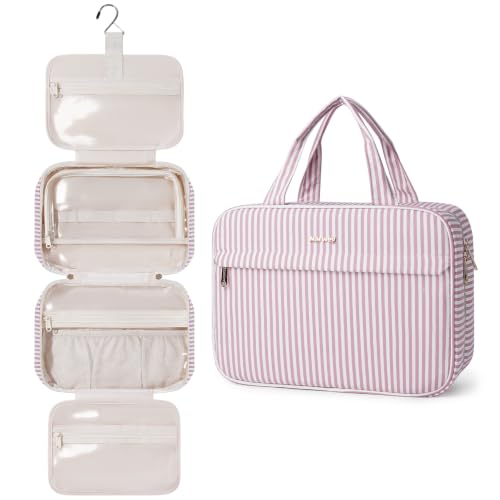 Narwey Striped Hanging Travel Toiletry Bag, Makeup Bag Organizer Make up Toiletries Bags for Full Size Essentials, Accessories, Brushes, Cosmetics (Dusty Pink Stripe, Large) - color: B-Dusty Pink Stripe, size: Large
