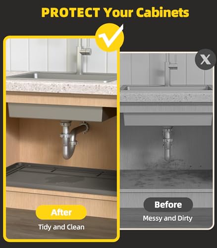 Under Sink Mats for Kitchen Waterproof, 34" X 22" Or Smaller Cut to Fit Under Sink Drip Tray for Kitchen Bathroom Cabinets, Silicone Liner Hold Up to 3.3 Gallons Liquid - Grey - color: Gray