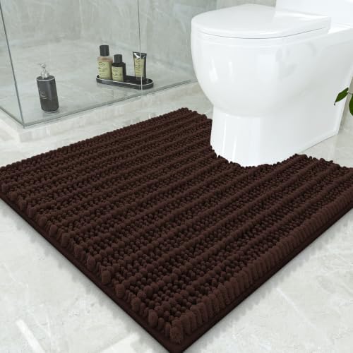 Smiry Bathroom Toilet Rugs U Shaped 24x24, Extra Soft Absorbent Non Slip Rubber Backing Chenille Contour Bath Rugs for Toilet, Machine Washable Contoured Bath Mats, Brown - color: Brown, size: 24'' X 24''