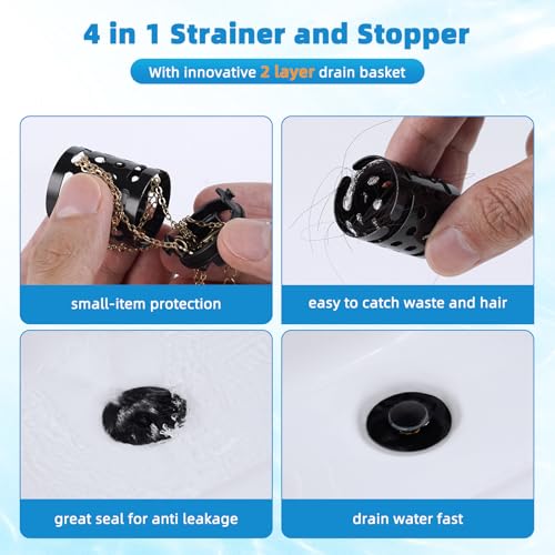 Universal Bathroom Sink Drain Stopper Hair Catcher, Matteblack | Upgraded with 2-Layer Detachable Filter Basket, 4 in 1 Pop Up Drain Strainer, Anti-Clog, Fit for 1.1''~2.36'' Sinks - color: Matteblack Finish