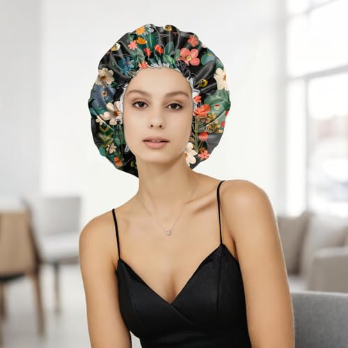 Shower Cap Adjustable Waterproof Double Layer Elastic Reusable Hair Bath Cap Cute Aesthetic for Women Girls-Cat Flower - color: R2-Cat Flower