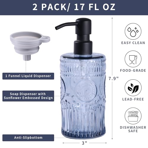 17 OZ Sunflower Embossed Glass Soap Dispenser - 2 Pack, with 304 Rust Proof Stainless Steel Pump, Glass Soap and Lotion Dispenser Set, Liquid Hand Soap Dispenser for Home, Kitchen & Bathroom (Blue) - color: Bule