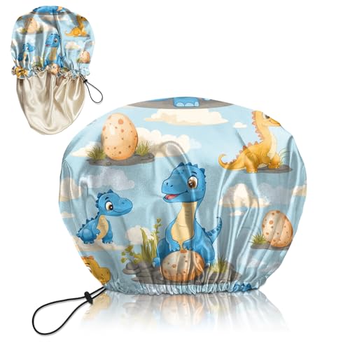 Luxury Shower Cap Silk Satin Lined Waterproof Reusable Adjustable Elastic Dry Hair Bathing Caps Cute for Women Girls-Dinosaur - color: C-18-Dinosaur