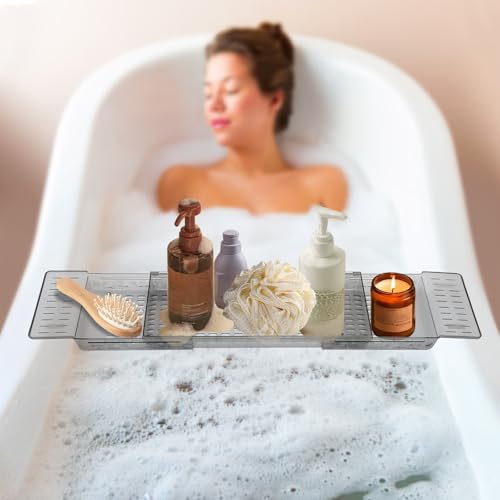 Bathtub Caddy Tray for Luxury Bathroom Bath Tub Table Tray Shelf for Shower Adjustable Expandable Bath Trays Clear Gray