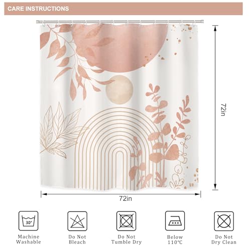 Riyidecor Boho Pink Gold 4Pcs Bathroom Shower Curtain Sets Mid Century Modern Minimalist Leaves Bathroom Decor Set with Rugs and Accessories Abstract Toilet Lid Rug, Contour and Bath Mat with 12 Hooks - color: 02pink Gold