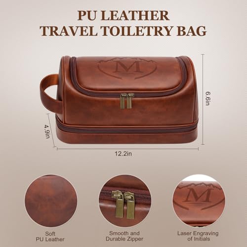 Personalized Gifts Men’s Travel Toiletry Bag with Hook, Water-resistant PU Leather Shaving Organizer with Engraved Letter Initials, Unique Groomsmen Birthday Gifts for Men, Dad, Husband, Son,M - style: M