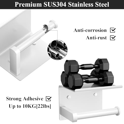 Tindbea Toilet Paper Holder with Phone Shelf + Towel Robe Hooks, Adhesive or Screw Wall Mounted Toilet Paper Roll Storage Dispenser, Stainless Steel Bathroom Tissue Roll Holder (White) - color: White, size: Regular