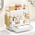2-Tier Bathroom Counter Organizer with Drawer and Basket, Wood Vanity Countertop Storage for Perfume, Makeup, Skincare, Bathroom Counter Shelf, 13" x 7.9" x 14.5", White Gold - color: White Gold