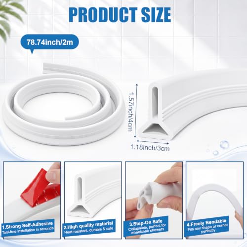1.57" High Collapsible Shower Threshold Water Dam, 78 Inch Silicone Shower Water Splash Dam Guard Strip Barrier for Bathroom Floor, Wet and Dry Separation Bathroom and Kitchen - style: 1.57"