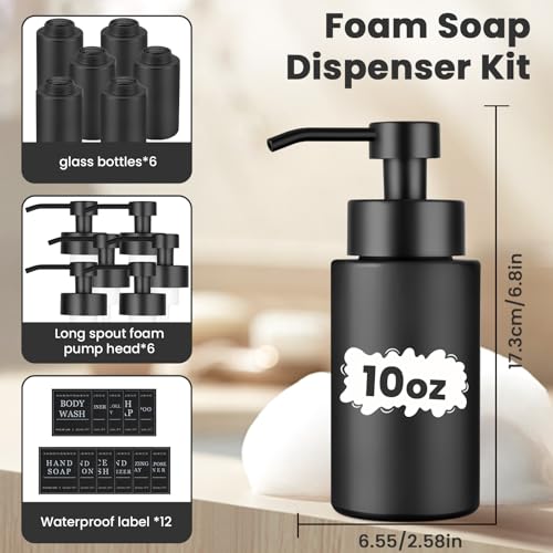 6 Pack 10 OZ Glass Foaming Soap Dispenser for Bathroom & Kitchen Foaming Hand Soap Dispenser with Labels Dispenser for Liquid Soap,Shampoo,Body Wash,Dish Soap,Black