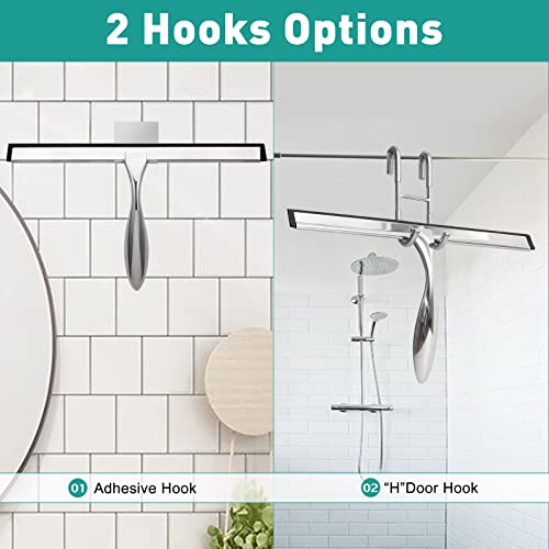 Shower Squeegee for Glass Doors,14-Inch Shower Glass Squeegee, Sliver Shower Squeegee for Shower Doors,Mirror,Windows, with Shower Door Hook and Adhesive Hook - color: Sliver, size: 14-Inch