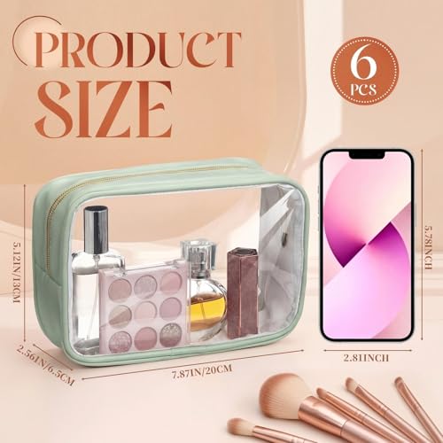 Abbylike 6 Pcs Clear Makeup Bags Bulk PU Leather Cosmetic Pouches Transparent Toiletry Bags with Zipper Waterproof Purse Skincare Car Organizer for Girl Women Travel Gifts(Mint Green) - color: Mint Green