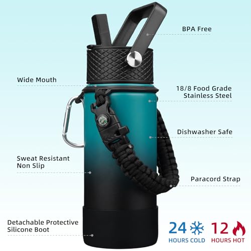 BJPKPK Water Bottle with Straw Lid, 18oz Insulated Water Bottles with 3 Lids, Paracord Handle & Non-slip Boot, Metal Stainless Steel Thermal Flasks, BPA Free Leak Proof Tumblers,Army Green & Black - color: Army Green & Black, size: 18 Ounces