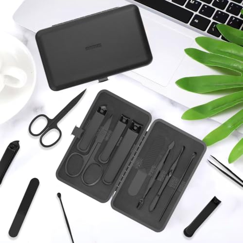 Precision 8 Pieces Men’s Nail Grooming Travel Kit, Stainless Steel Manicure Set with Fingernail & Toenail Clippers, Nail File, Slant Tip Tweezers, Cuticle Scissors, Cuticle Pusher, Travel Case