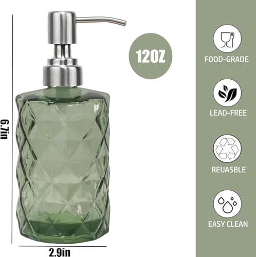 12Oz Green Soap Dispenser Bathroom - 2 Pack, Clear Glass Hand Soap Dispensers with Stainless Steel Pump, Refillable Dish Soap Dispenser for Kitchen, Countertop Soap Dispensers - color: Diamond Green（2-pack）