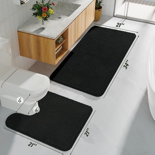 HOMORE Black Bathroom Rug Set 2 Piece,Soft Absorbent Bath Mats Set,Machine Washable Bath Rug Sets for Bathroom Non Slip,(21"x34"+21"x21") Plush Shaggy U Shape Contour Toilet - color: Black