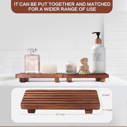 SAMEBUTECO 2 Packs Rustic Wood Tray,Riser Bathroom Soap Dish Holder,Footed Pedestal Stand for Vanity,Dispenser,Countertop,Size 8.7x4x1.7''