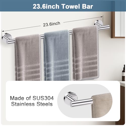 Polished Chrome Bathroom Hardware Set, 5 Pieces Chrome Towel Bar Bathroom Accessories, Upgraded Toilet Paper Holder with Shelf Set, 23.6 Inch Towel Rack Towel Holder for Bathroom Wall - color: Polished Chrome, size: 5 Pieces B