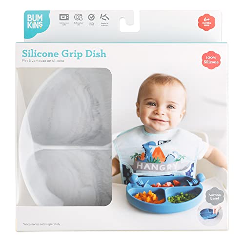 Bumkins Toddler and Baby Suction Plate, Divided Grip Dish for Babies and Kids, Baby Led Weaning, Feeding Supplies, Sticks to Tables and Highchairs, Platinum Silicone, for Chidren 6 Months, Marble - color: A4 Marble-GD
