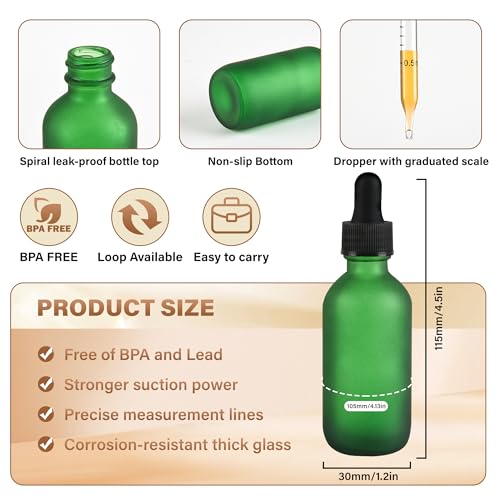 NOOEEISS 12 Pcs, 2oz Dropper Bottle, Green Glass Eye Dropper Bottle, Tincture Bottles with Dropper, Pretty Finish, Leak-Proof Design, Stronger Suction for All Kinds of Mixed Liquids - color: Green Frosted, size: 2oz-12Pack