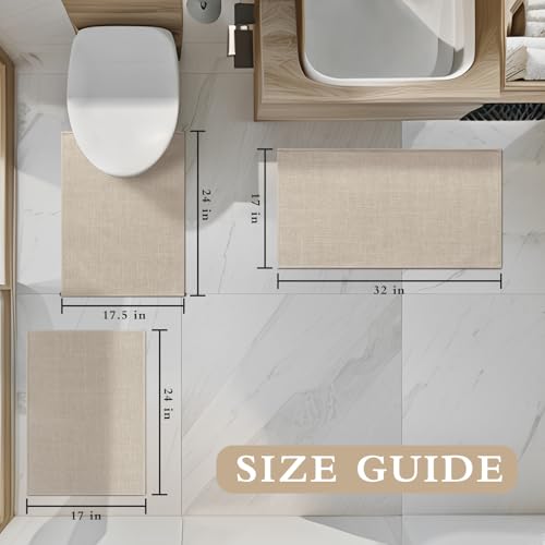 YIHOUSE Beige Bathroom Rug Set, 3 Piece - Absorbent Non Slip Bath Mat, Quick Dry, Thin Bath Rug for Toilet and Floor - color: Beige, size: 3 Piece (17"x24" + 17.5"x24"U + 17"x32")