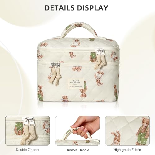 Gosect Makeup bag, Large Cosmetic Bag for Women Girls, Cute Quilted Makeup Bags, Floral Coquette Aesthetic Toiletry Bag, Travel Make Up Organizer Bag (Bear) - color: Bearr