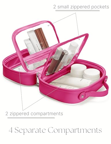 Clear Cosmetic Bag Double Layer Travel Toiletry Bag Clear Makeup Bag Case with 4 Compartments, Transparent Travel Bag for Toiletries, Large Toiletry Bag for Women Cosmetic Case (Hot Pink, Small) - color: Hot Pink, size: Small