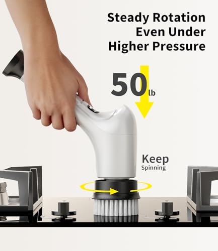 Electric Spin Scrubber, Cordless Household Cleaning Brush with 6 Replaceable Heads, 3 Speeds, LED Display, Lightweight Handheld Power Scrubber for Cleaning Stove/Bowl/Sink/Corner/Tile/Grout-White - color: White