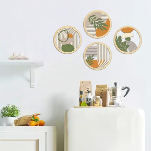 TOARTi 4Pieces Boho Botanical Wooden Wall Art,Abstract Bohemian Hanging Art,Farmhouse Geometric Neutral Round Wall Decor,Mid Century Minimalist Aesthetic Plant Artwork for Bedroom Living Room Office - color: 4pcs Boho Botanical Wooden Wall Art