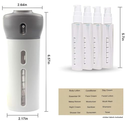 Travigo 4-in-1 Travel Dispenser Bottle, TSA Approved, Leak Proof, Four Reusable 1.4 oz. (40 mL) Toiletry Containers for Shampoo, Conditioner, Soap, Lotion, Skincare (Gray) - color: 1 Dispenser (Gray)